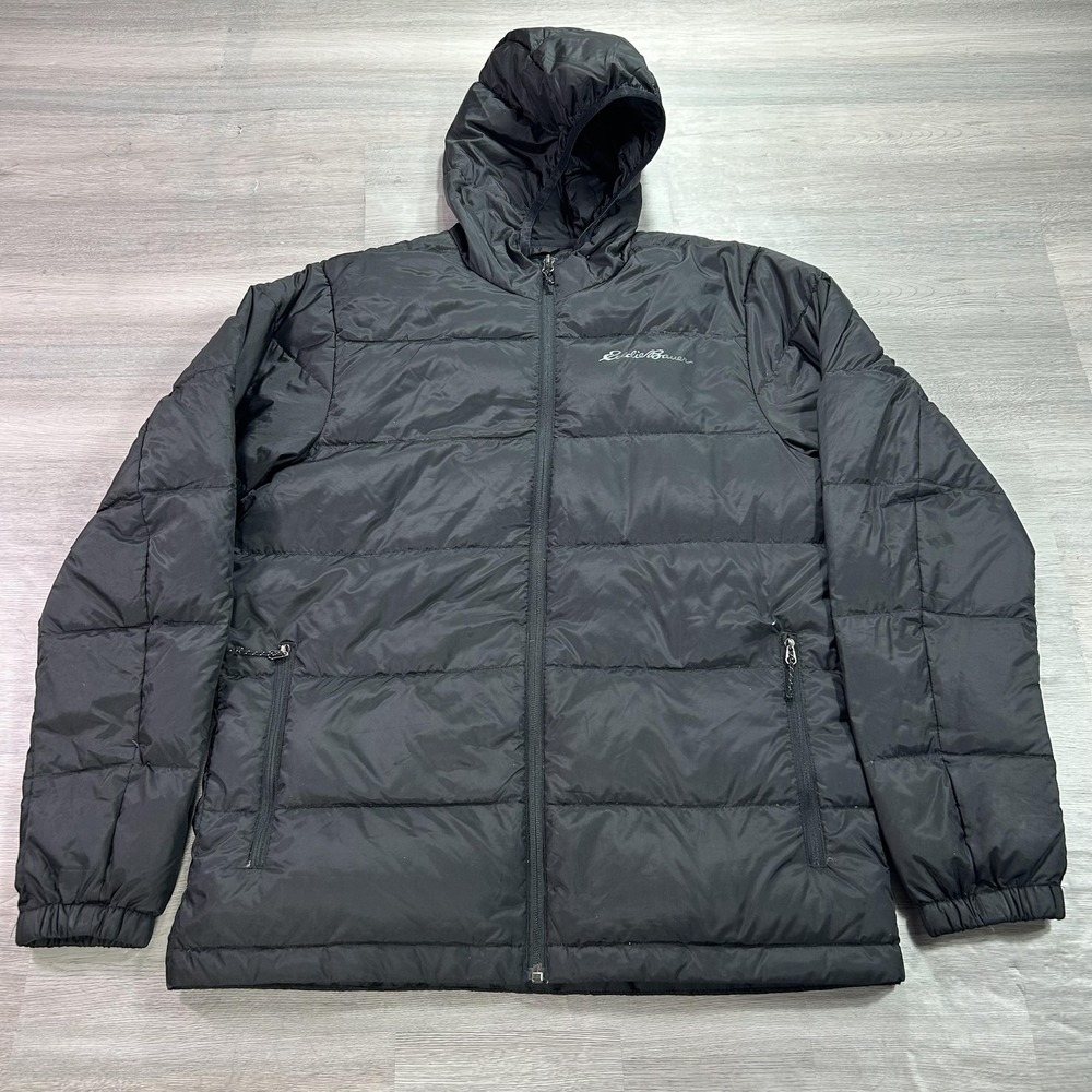 Eddie Bauer Jacket Mens Small Black Hooded Down Puffer Insulated Full Zip EB650